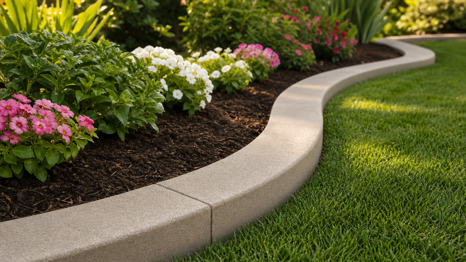 Decorative concrete garden edging curving around colorful flower beds with neat landscaping